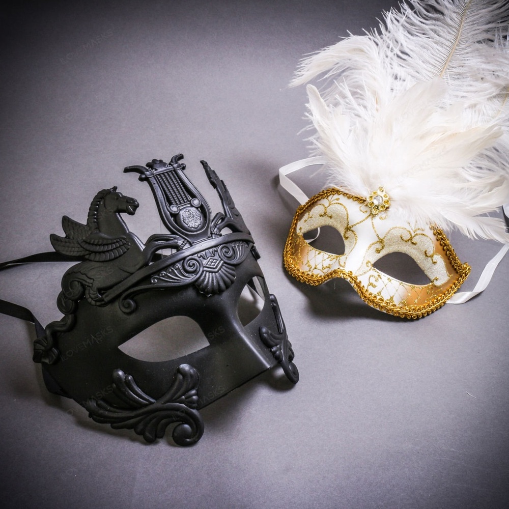 Black Venetian Pegasus w/ White Feather Gold Masquerade Couple's Party Masks